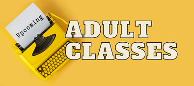 Upcoming Adult Classes on Yellow background with image of a Yellow typewriter